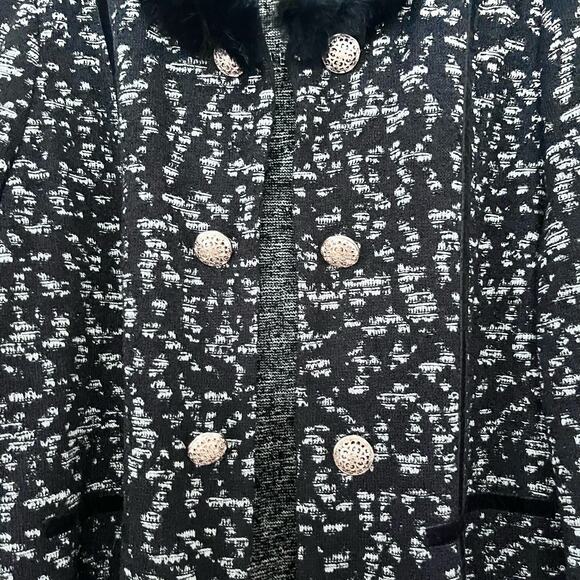 Ming Wang Black Jacquard Knit Fur Collar Velvet Trim Cardigan Jacket Size Large - Picture 2 of 9